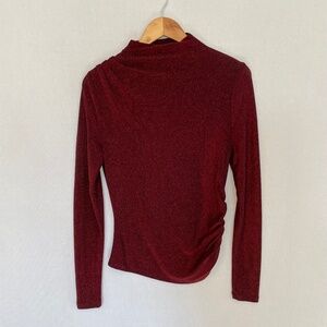 VERONICA BEARD Small Mylie Top Red Crimson Lurex Ruched Mock Neck Long Sleeve